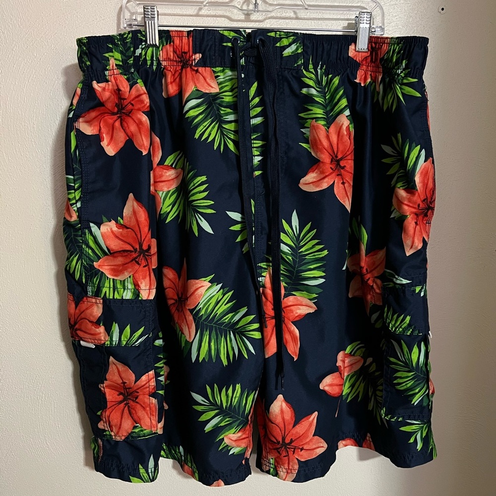 KANU SURF Hawaiian Floral Swim Trunks Navy Blue Green Orange Men's Size 4X GUC